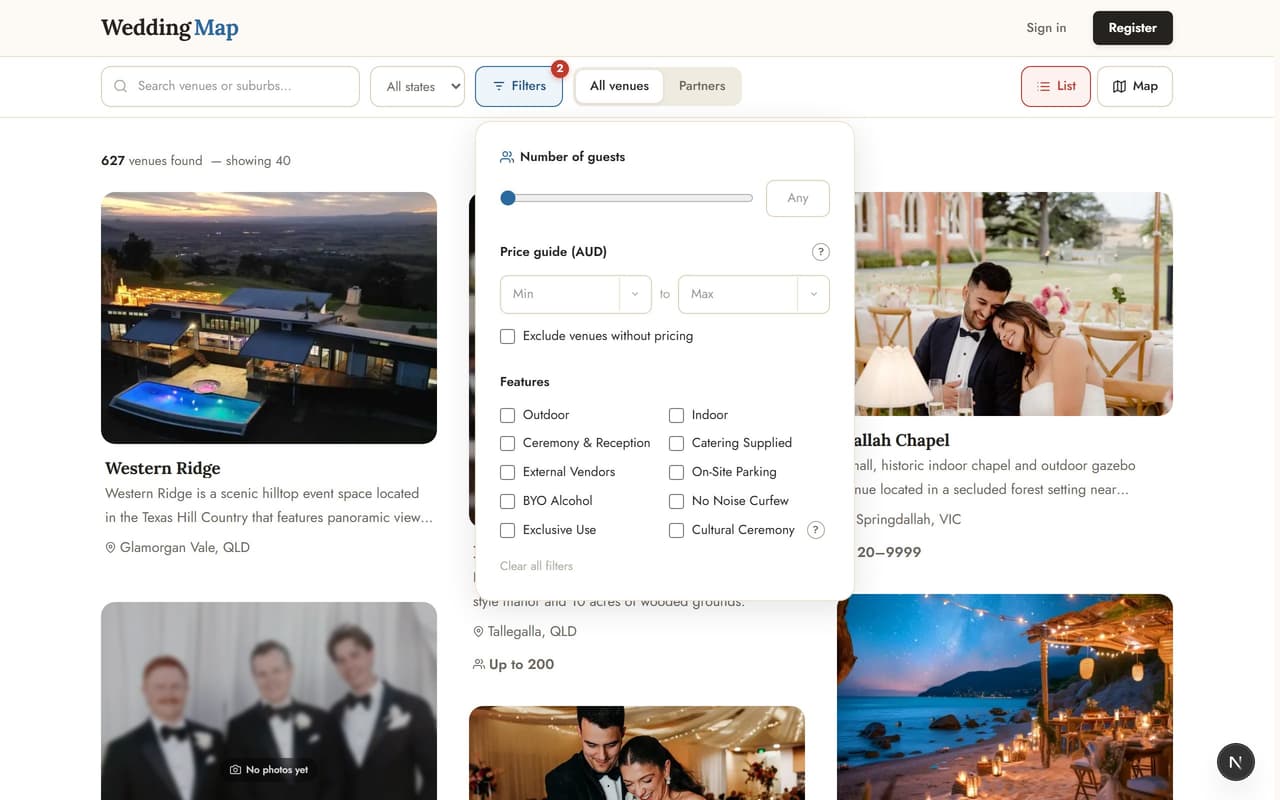 The filter panel open over the venue list, with guest count, price guide and feature filters