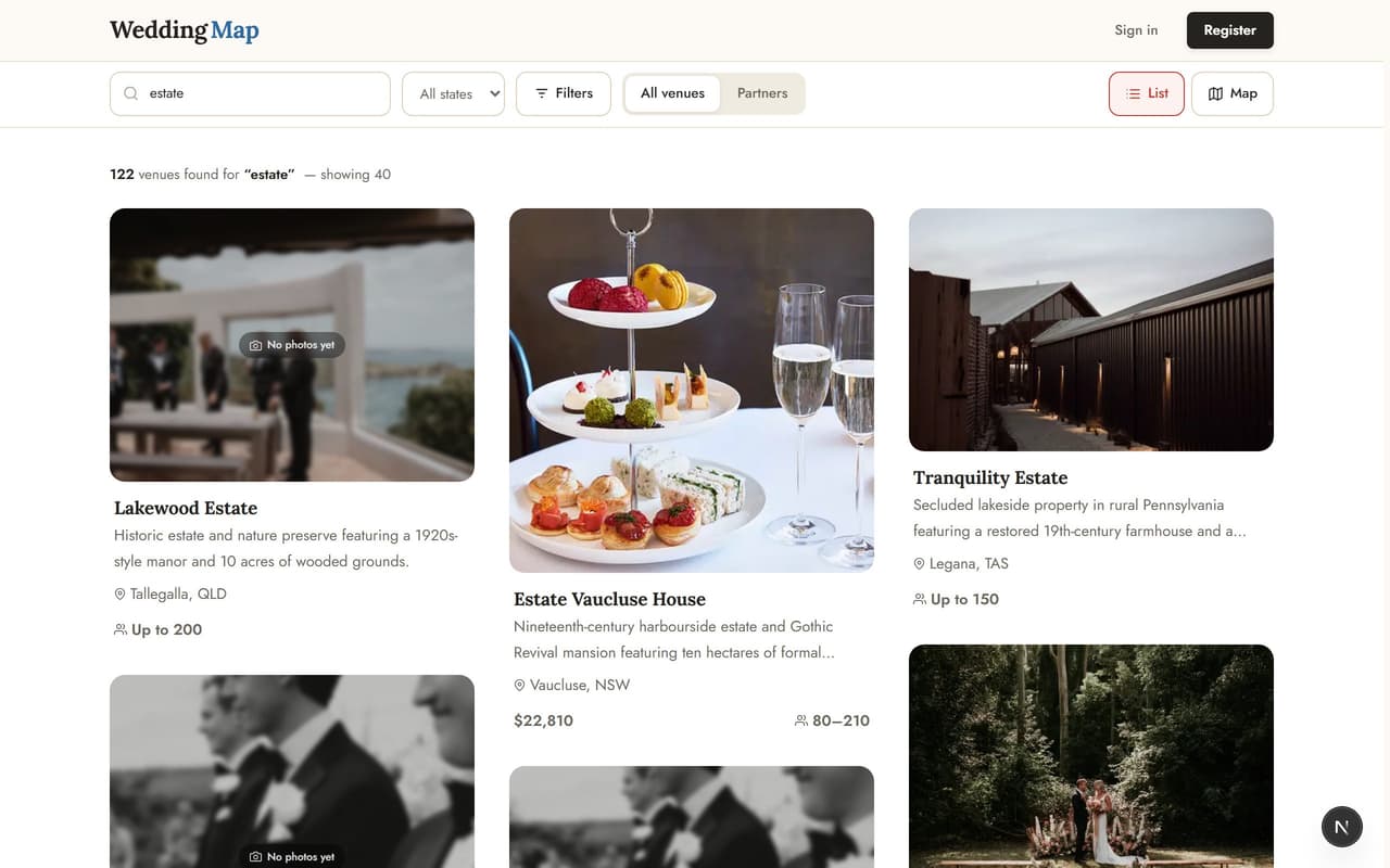 The venue catalogue, a grid of venue cards with photos, locations and price guides