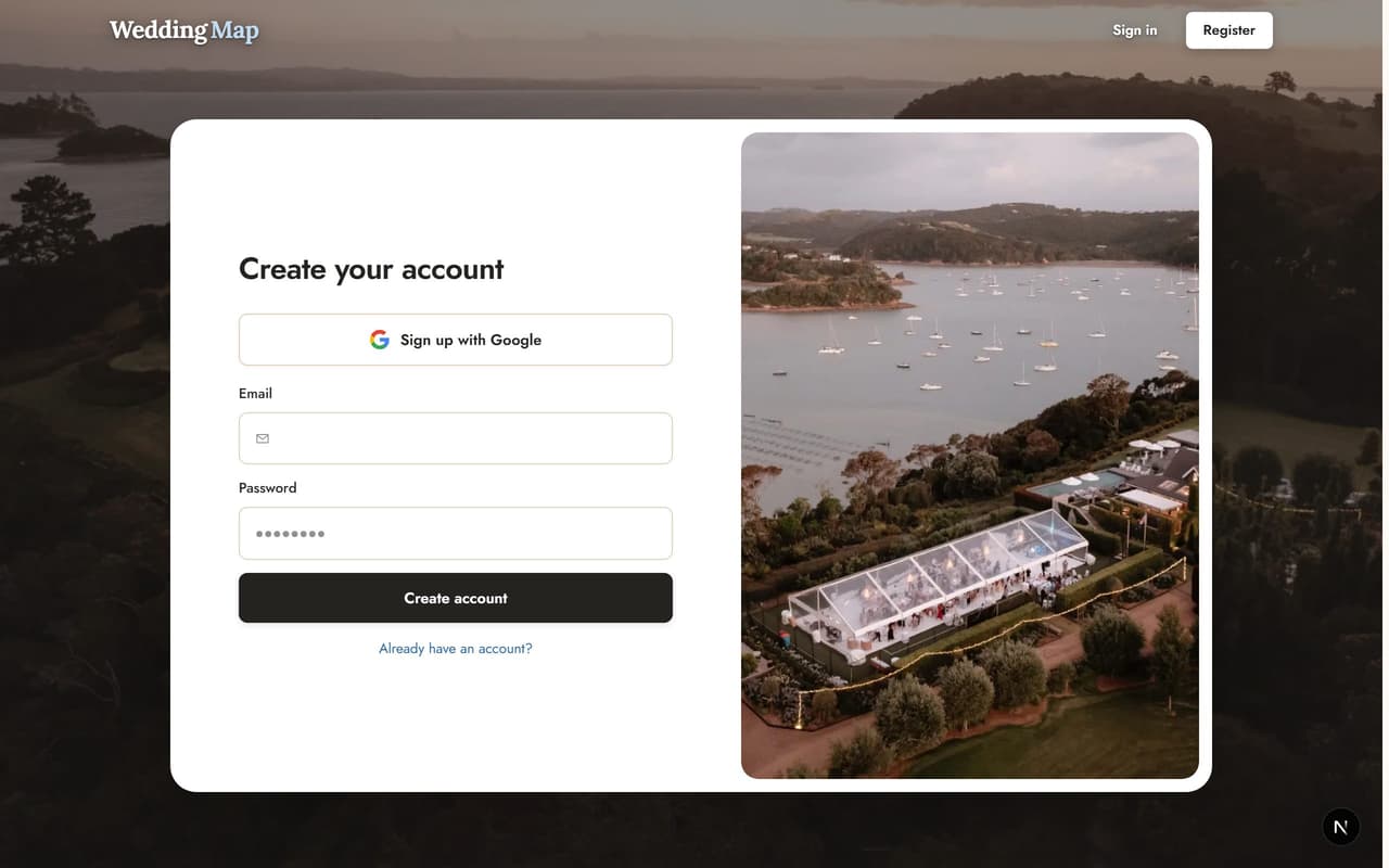 The create-your-account page for venue owners